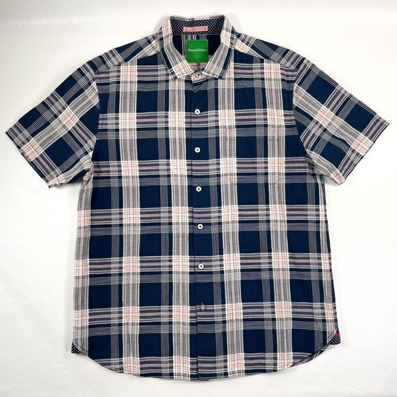 Tommy Bahama Mens Large Red White Blue Plaid Short Sleeve Button Up Shirt - Picture 1 of 7